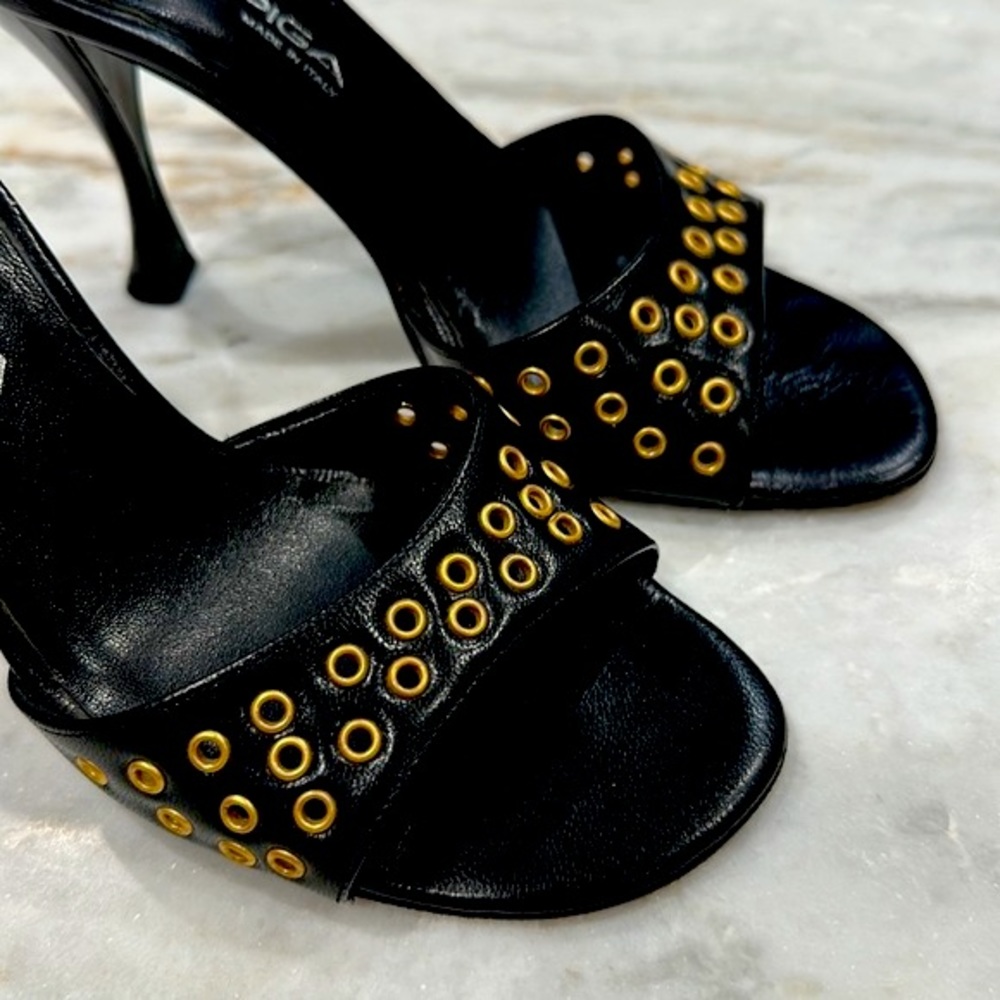 Via Spiga Black Heeled Slide Sandals with Gold Eyelets - Picture 3 of 10